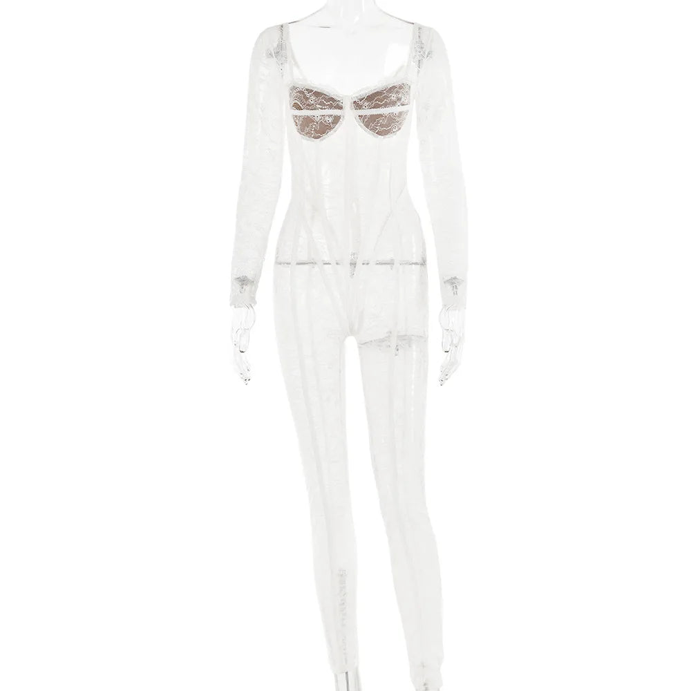 Cryptographic Sheer Lace Hollow Out Sexy Jumpsuits Zip Up Backless Outfits Women Unitards Square Neck Romper Overalls One Piece