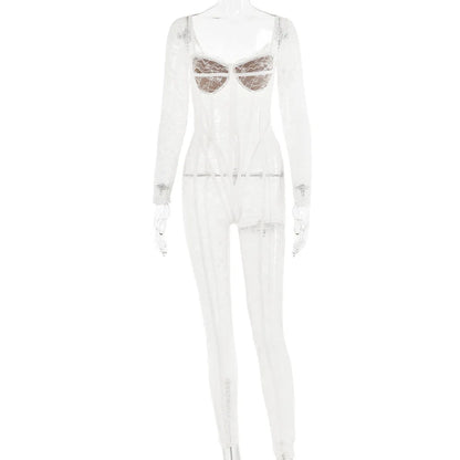Cryptographic Sheer Lace Hollow Out Sexy Jumpsuits Zip Up Backless Outfits Women Unitards Square Neck Romper Overalls One Piece
