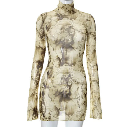 Flare Sleeve Color Printing Bodycon Dress Mini Women Clothing Turtleneck Sexy Streetwear High Waist Fashion One-Pieces Outfits