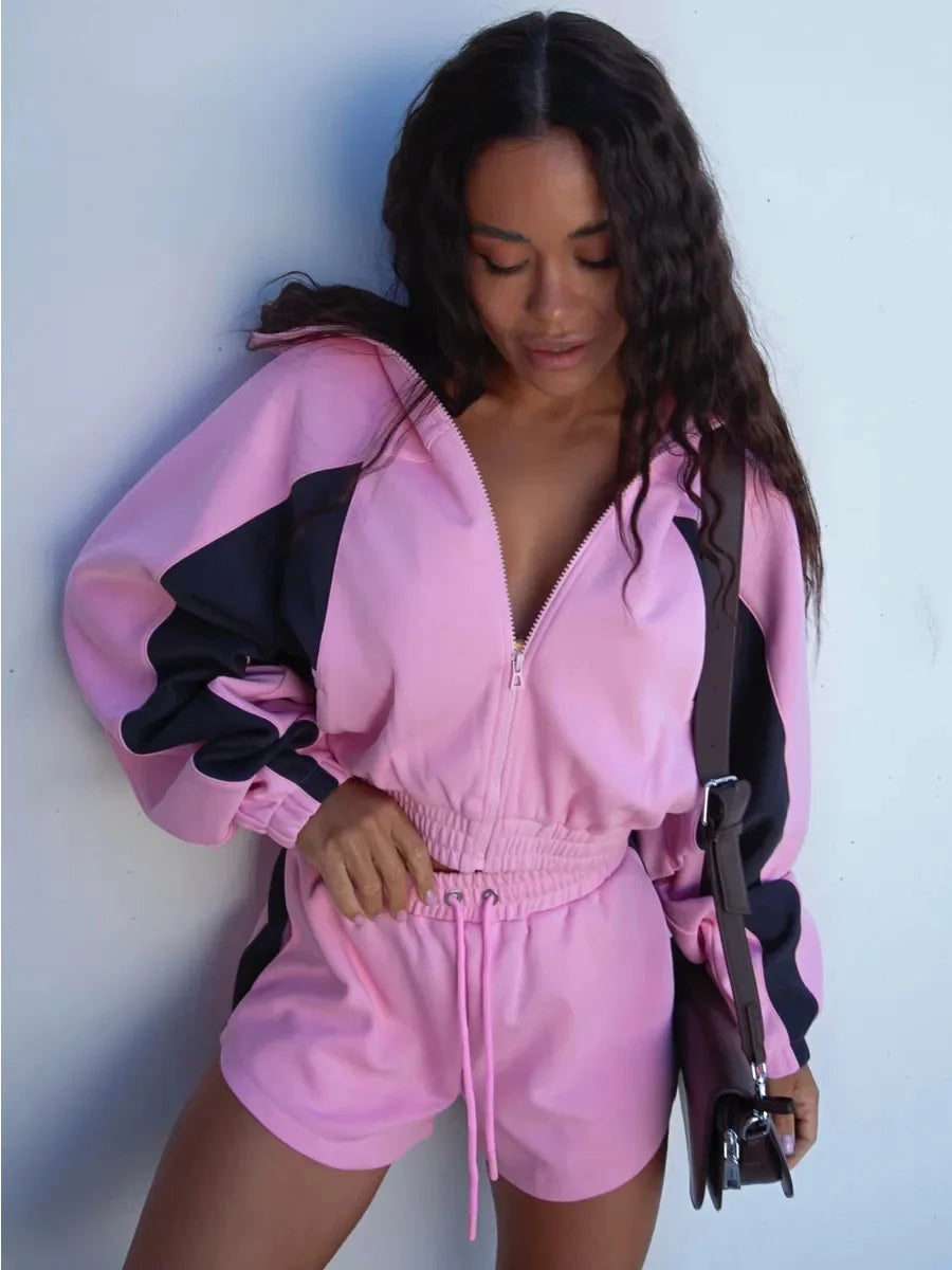 Lady'snavy Chevron Stripe Windbreaker Tracksuit Zip Cropped Jacket Contrast Trim Shorts 2026 Casual Sport Daily Jogging Street