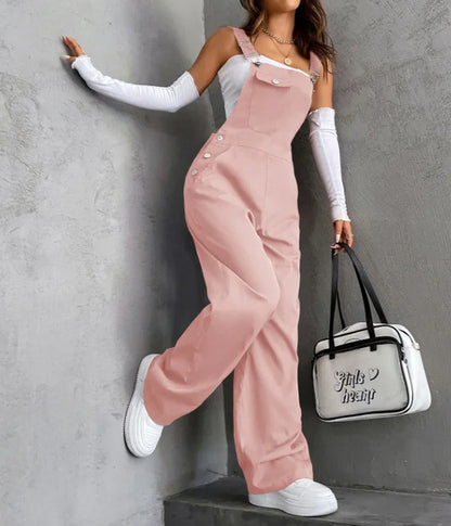 Women's Casual Bib Overalls Adjustable Shoulder Strap Pocket Wide Leg Jumpsuit Loose Straight Women Streetwear Suspender Pants