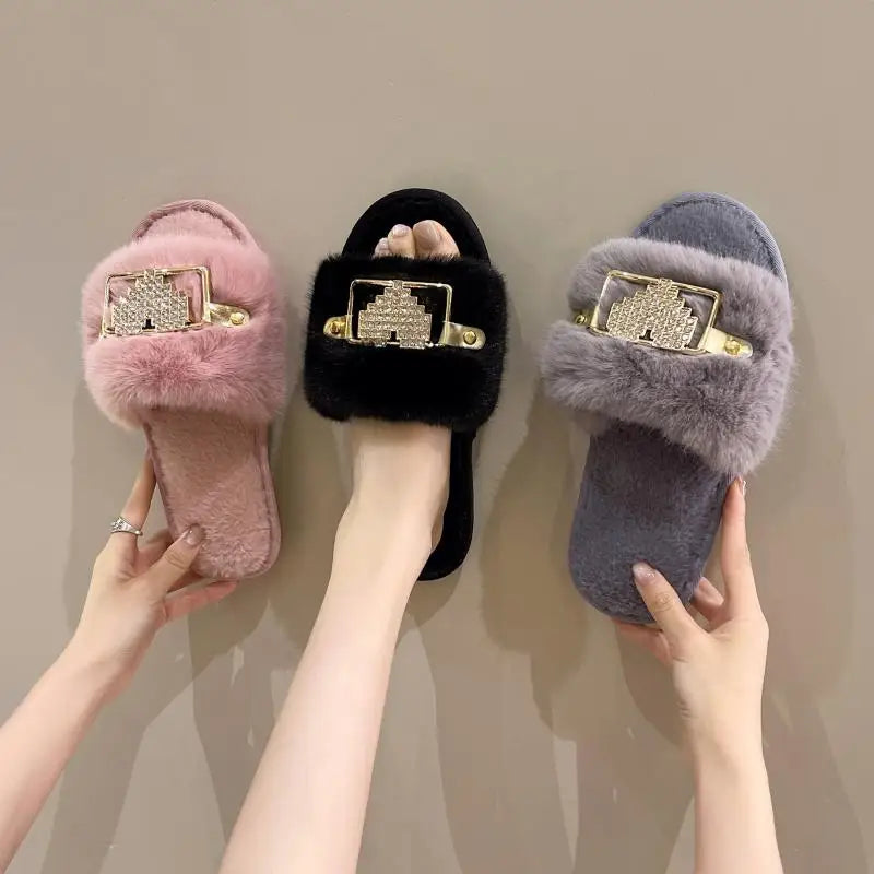 Love Chain Fluffy Women's Slippers Home Fashion Luxury Designer Shoes Woman Autumn Winter Faux Fuzzy Fur Slides Indoor Elegant