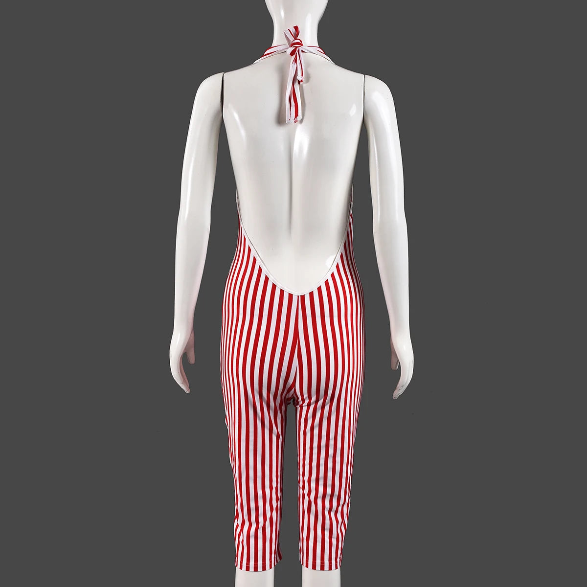 Weird Puss Stripe Print Playsuit Women Sleeveless Backless Halter Bandage Skinny Sexy Clubwear Activity Fitness Workout Romper