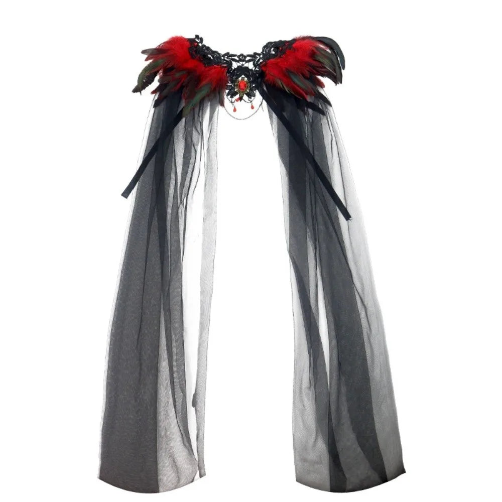 Black Halloween Feather Cloak Elegant Mesh Fringe Hollow Lace Mesh Cape Fur Collar Flowing Festival Costume Cape Gothic Carnival