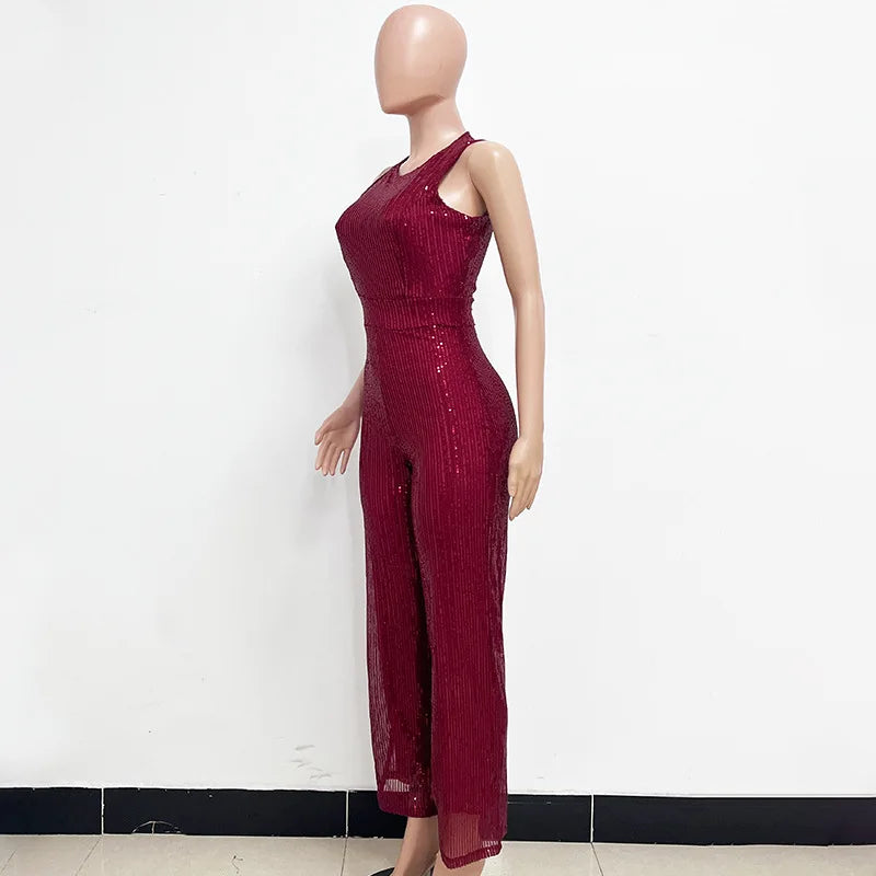 Bling Bling Sequined Club Jumpsuit Sexy Women O-neck Elegant Shiny Sliver Gold Sequins Straight Romper Overalls