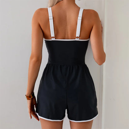 Women One Piece Swimsuit Summer Swimming Jumpsuit Vest Shorts Solid Classical Color Female Deep Neck Bathing Suits Beach 2026