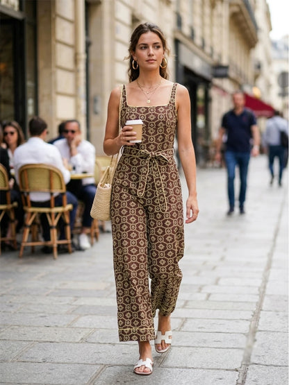 Elegant Embroidered Eyelet Belted Jumpsuits for Women Stylish Round Neck Straight Leg Jumpsuits with Thin Straps and Fabric Belt