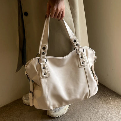 Ladies Large Capacity Brand Handbag Pu Leather Women's Retro Tote Bag Korean Fashion Shoulder Bag Winter White Zipper Handbag