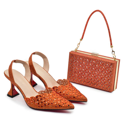 New Design Nigerian Women Shoes and Bag Set Decorated with Rhinestone in Italy African Party Luxury Heel Shoes Pumps with Heels
