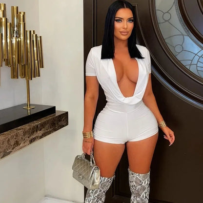 Sexy Deep V-neck Solid Bodycon Romper for Woman Jumpsuits Short Sleeve Skinny One Pieces Playsuit Club Party Combishort Femme