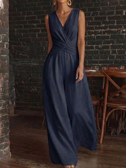 Fashion Light Blue Wide Leg Pants Jumpsuit Women's V-neck Sleeveless Cross Wrap Waist Design Rompers Summer Casual Jumpsuits