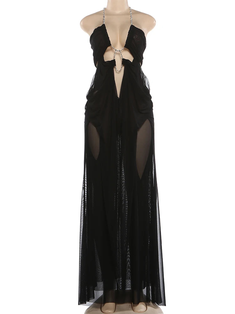 Nibber Prom Party Gown Dress Woman Sexy See Through Luxury Chain Halter Low-Neck Backless Sleeveless Midnight Elegant Vestidos