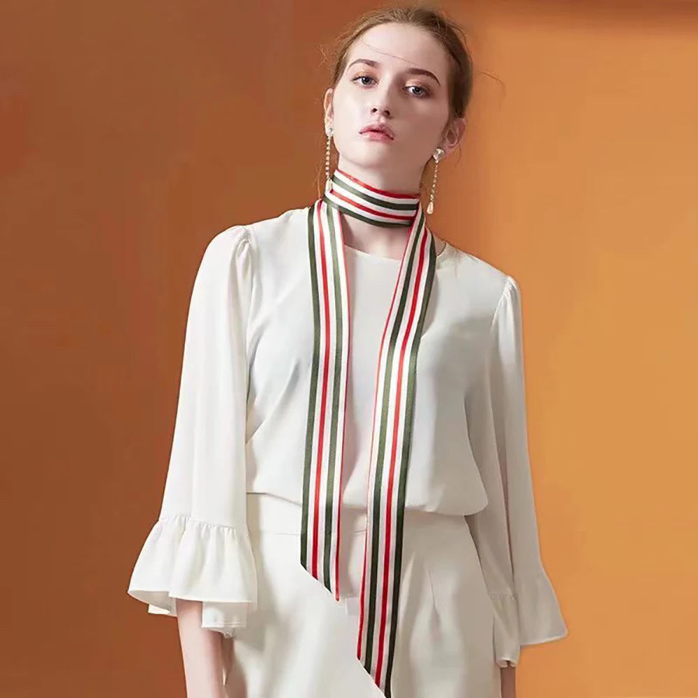 100% Natural Mulberry Silk Long Scarf Solid Color Neckerchief Hair Ties Bag Ribbon Headband Hair Ornament Female Strip Scarves