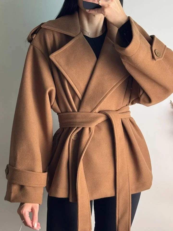 Women Short Wool Blend Trench Coat Lapel Collar Belted Waist Wrap Long Sleeve Loose Overcoat Casual Autumn Winter Lady Jackets