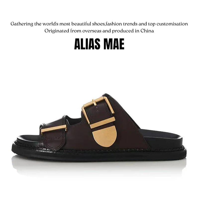 ALIAS MAE Women's Genuine Leather Double-Strap Slippers Vintage Gold Buckle Streetwear Beach Sandals Minimalist Luxury Style