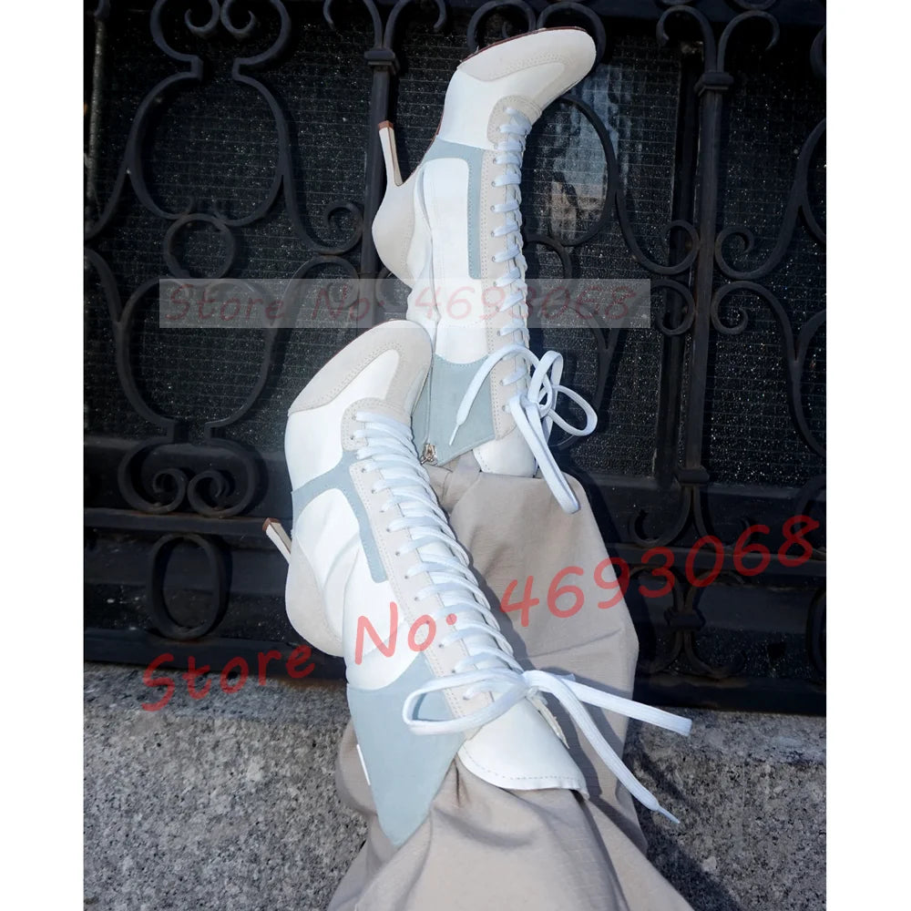 Grey White Splicing Suede Sneaker Boots Women Chic Round Toe Mixed Color High Heels Shoes Women Newest Lace Up Party Ankle Boots