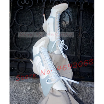 Grey White Splicing Suede Sneaker Boots Women Chic Round Toe Mixed Color High Heels Shoes Women Newest Lace Up Party Ankle Boots
