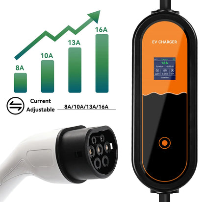 3.5KW Type2 Portable EV Charger 16A 1Phase EU Plug EVSE Charging 8A-10A-13A-16A Current Adjustable Electric Vehicle Charging