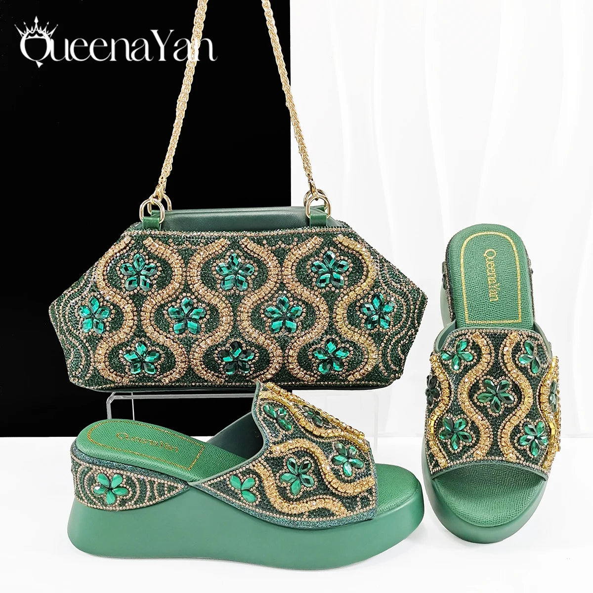 Queena Yan Popularity Open Toe Luxury Fashion Women High Heels Shoes and Bags Set With Rhinestone for Wedding Party Elegant