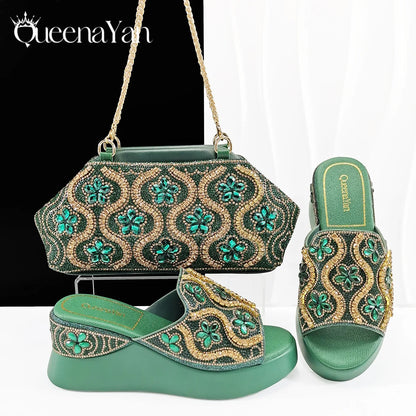 Queena Yan Popularity Open Toe Luxury Fashion Women High Heels Shoes and Bags Set With Rhinestone for Wedding Party Elegant