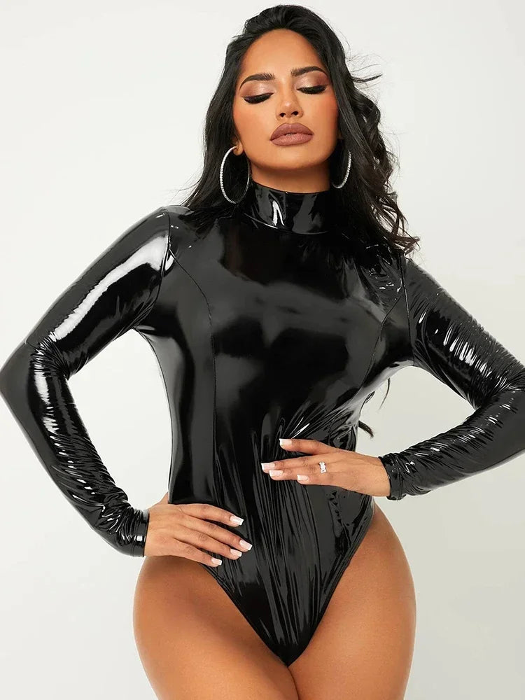 High Neck Faux Latex Bodysuit Long Sleeve Women Sexy Bodycon PVC Jumpsuits Ladies Stretchy PU Leather Rompers Clubwear Custom