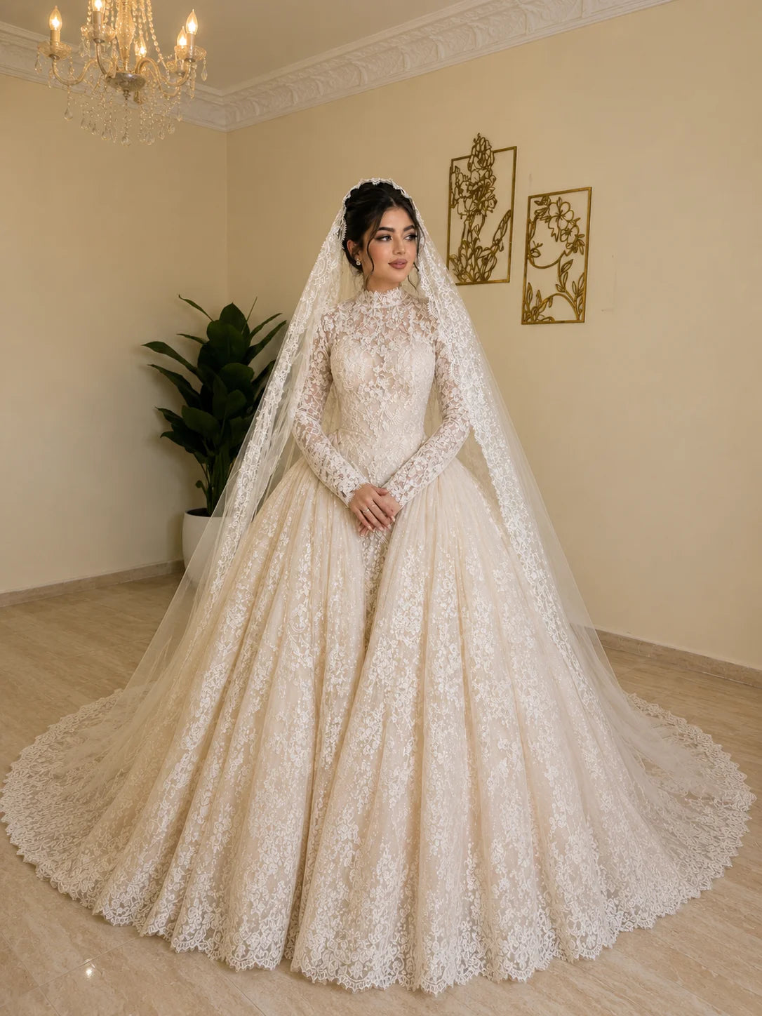 Luxury Muslim Wedding Dress Elegant Long Sleeve High Neck Lace Ball Gown Bridal Dress For Women Princess Amanda Novias Official