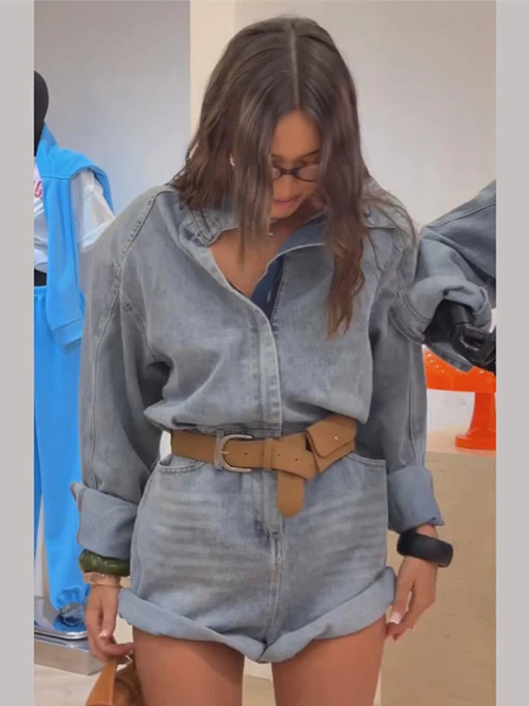 2026 Summer Autumn Street Denim Jumpsuits Women Long Sleeve Stand Collar Zipper Lady Jumpsuit With Belt Fashion Female Romper