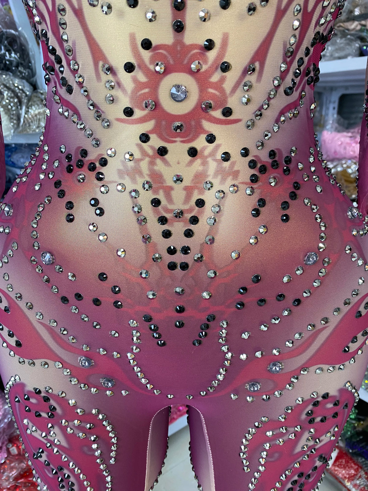 Sparkly Rhinestones Printed Mesh Bodycon Green Jumpsuits With Sleeves See Through Masquerade Costume Dress Night Club DJ Gogo