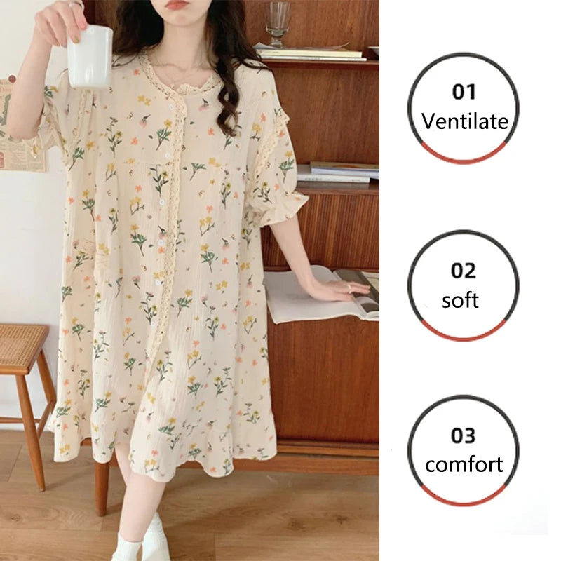 Girl Pajamas Sweet Cute Little Bouquet Printed Bubble Cotton Nightgown Lace Loungewear Princess Wind Women Homewear Dress