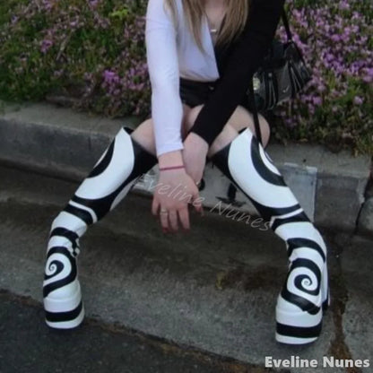 Black White Turbine Pattern Platform Boots Women Round Toe Chunky Heel Side Zipper Knee High Boots 2025 New Design Stretch Boots