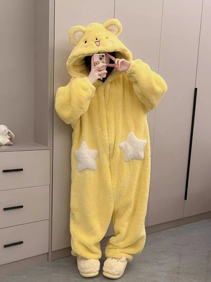 Women's Cartoon Hooded Kigurumi Unicorn Winter Jumpsuit Pajamas Women Coral Fleece Thickened Home Clothing Holiday Gift