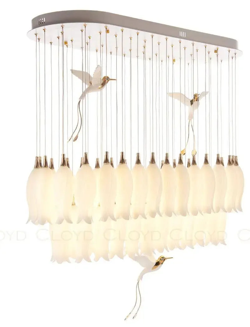Luxury Crystal Staircase Chandelier for Stairsway Loft Ceramic Flowers Ceiling Chandelier for High Ceiling Villa Hotel Lobby