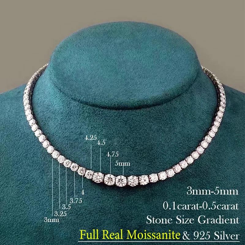 Luxury Moissanite Tennis Necklace for Women Certified 100% 925 Sterling Silver 3mm-5mm Size Gradient Diamond Neck Chain