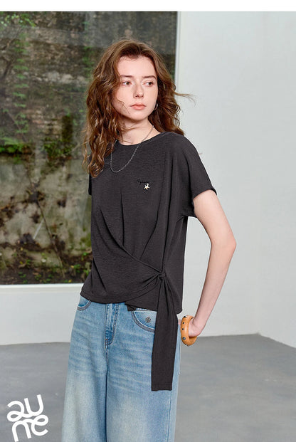 TOYOUTH Women's Asymmetric Wrap Tie T-Shirt 2026 Summer New Long Sleeve Starfish Print Loose Pullover Top