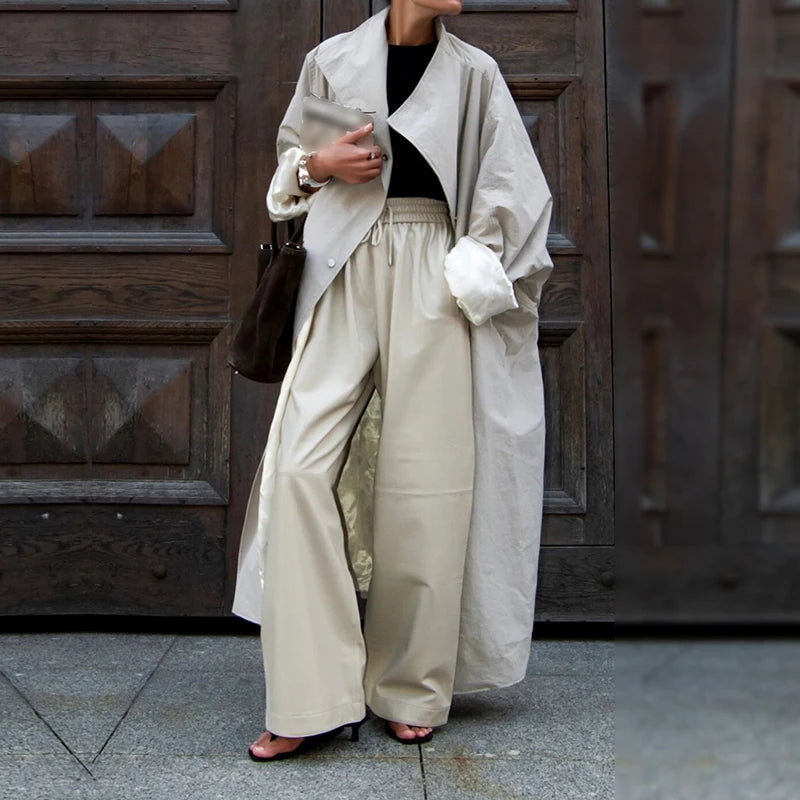 Convertible Collar Oversized Maxi Trench Coat Women Snap Buttons Dolman Sleeve Patch Pockets Outerwear New Ladies Trench Jacket