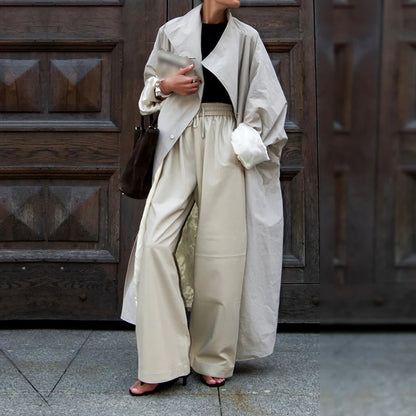Convertible Collar Oversized Maxi Trench Coat Women Snap Buttons Dolman Sleeve Patch Pockets Outerwear New Ladies Trench Jacket