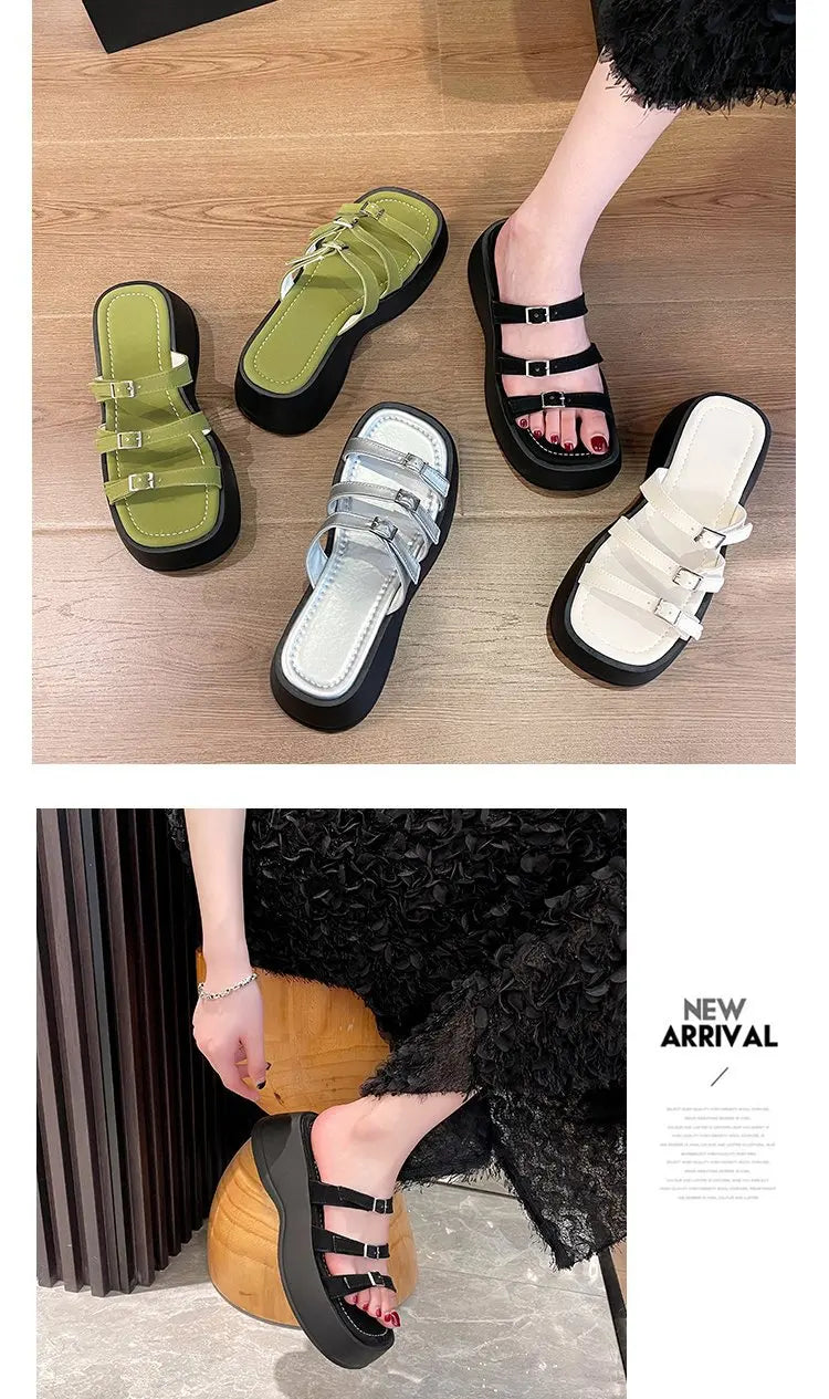 Women Thicken Soled Buckle Strap Sandals Platform High Heel Shoes Ladies Cut-Out Slippers Open Toe Flipflops Silver Beach Slides