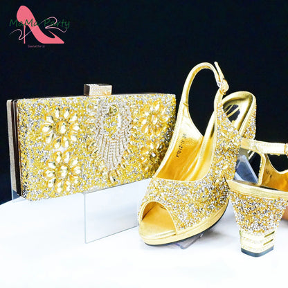 2025 Fashion Style Nigerian Ladies Lovely Shoes and Bag to Match Set in Gold Color Specials Pumps for Dress