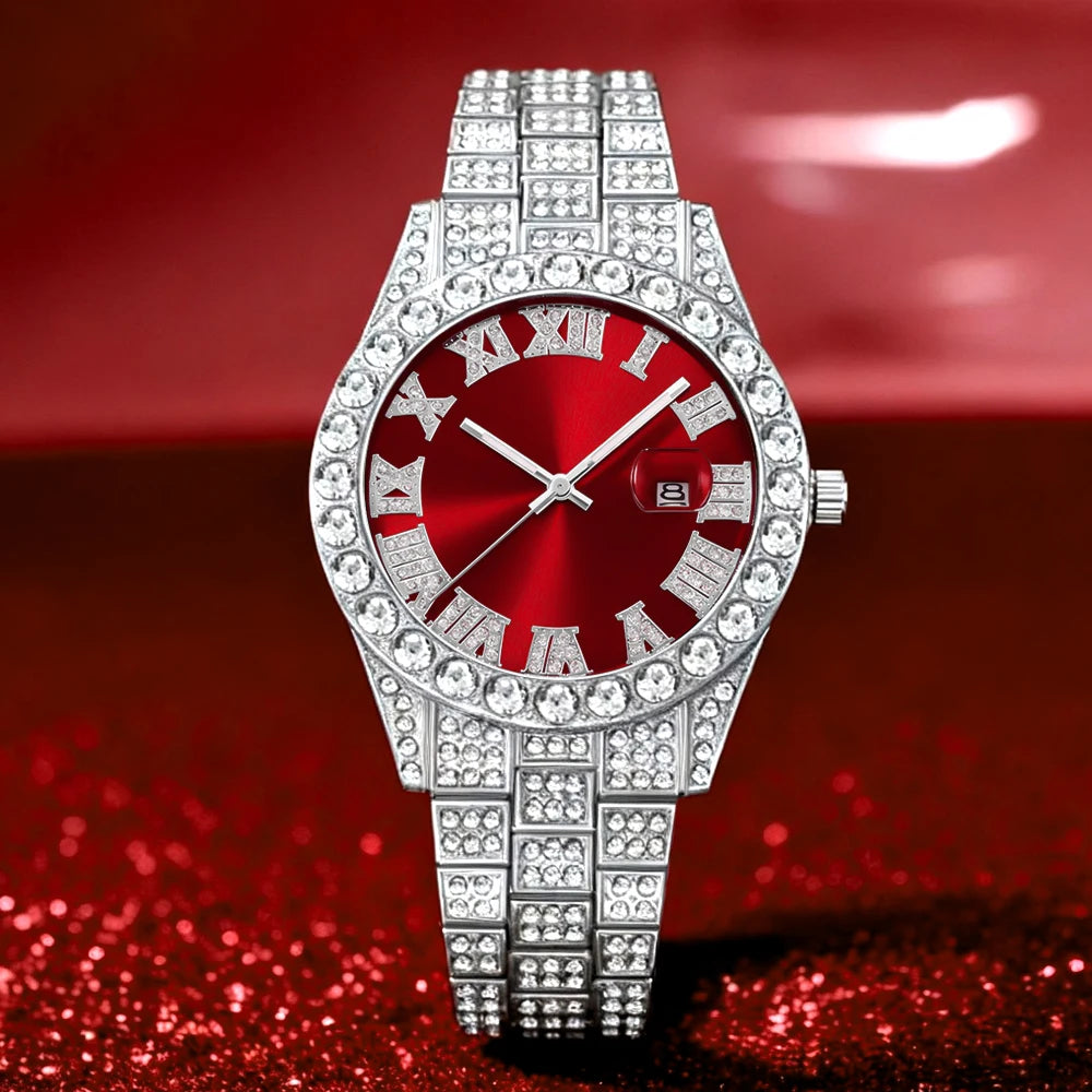 Men's Hip-Hop Watch Retro Quartz Watch, Oversized Rhinestone Dial and Durable Stainless Steel Strap, Suitable for Men