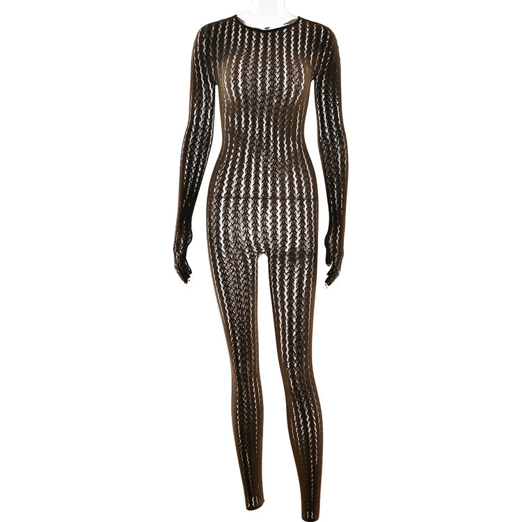 HLJ&GG Sexy Mesh Stretchy See Though Bodycon Jumpsuits Women Round Neck Long Sleeve Slim Playsuits Fashion Print Overalls 2025