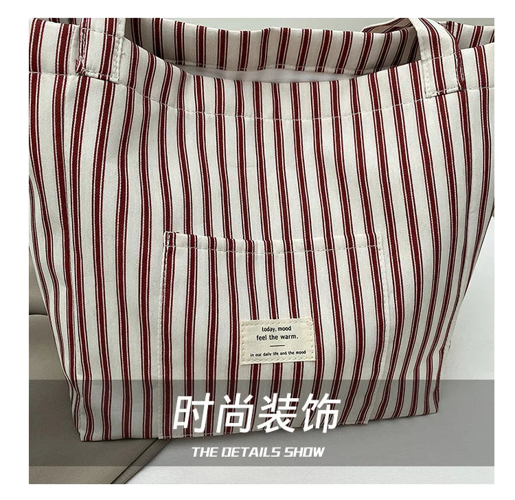 Contrast Color Stripes Women Shoulder Bags Versatile Ladies Large Capacity Tote Bag Lightweight Portable Female Shopping Handbag