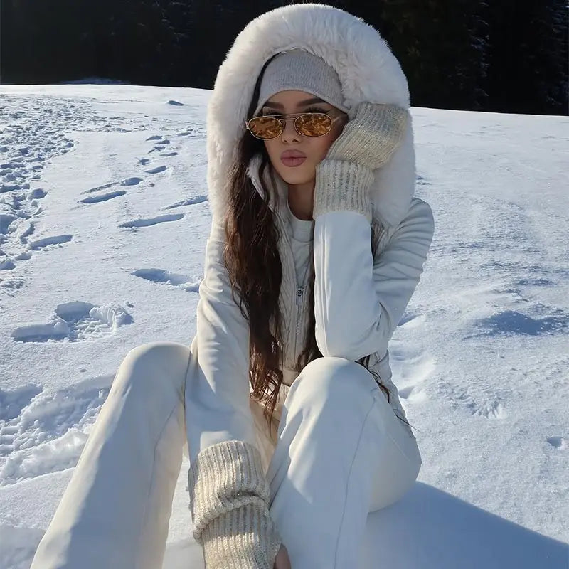 Chic Hooded One Piece Women's Winter Ski Suits Belt Stand Collar High Waist Pockets Overall Jumpsuits 2026 New Lady Warm Skiwear