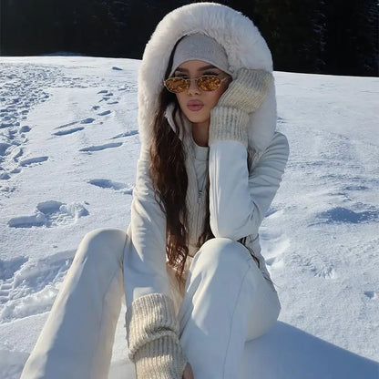 Chic Hooded One Piece Women's Winter Ski Suits Belt Stand Collar High Waist Pockets Overall Jumpsuits 2026 New Lady Warm Skiwear