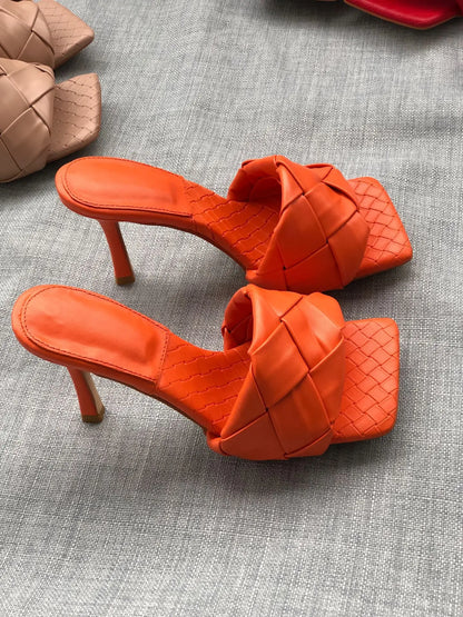 New 2026 Summer Fashion Women's Slippers PU Leather Square Toe Sandals for Women Fluorescent Yellow Fine Heel Ladies High Heels