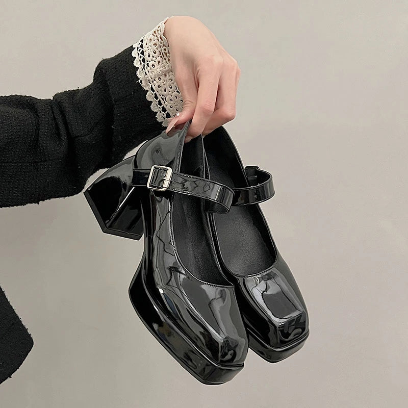 Lady's sexy ankle strap platform high-heeled shoes black leather square toe fashionable party style shoes large size for summer