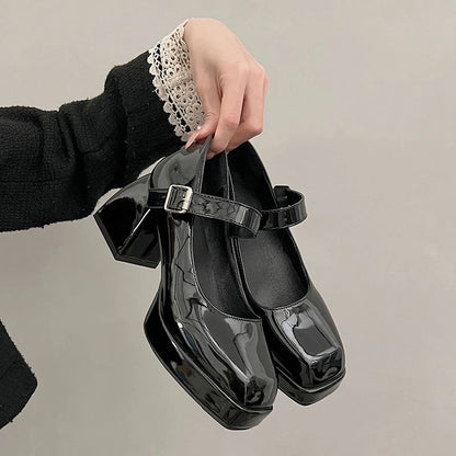 Lady's sexy ankle strap platform high-heeled shoes black leather square toe fashionable party style shoes large size for summer