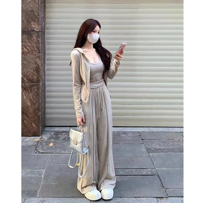 Casual Sportswear Women's Spring Autumn Three-Piece Set Slimming Fashionable Jacket Vest Wide Leg Pants for Short Women