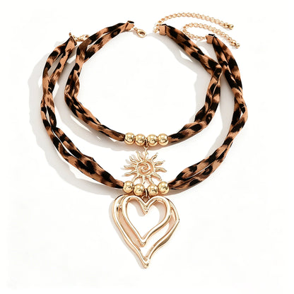 Leopard Print Layered Ribbon Choker Necklace Gold Y2K Heart Sun Pendant Adjustable Bohemian Jewelry for Women