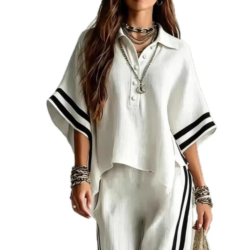 2026 New Autumn Summer Women's Short-sleeved Shirts And Loose Trousers Two-piece Suit Casual Simple White Suits Women Clothing