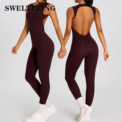 Summer Women Sleeveless Back Hollow Jumpsuit Fitness Sport Bodysuit Yoga Clothing Female Breathable Gym Overalls Workout Clothes